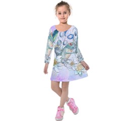 Funny, Cute Frog With Waterlily And Leaves Kids  Long Sleeve Velvet Dress by FantasyWorld7
