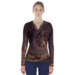 Steampunk, Awesoeme Clock, Rusty Metal V-neck Long Sleeve Top by FantasyWorld7