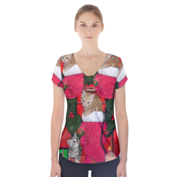 Christmas, Funny Kitten With Gifts Short Sleeve Front Detail Top