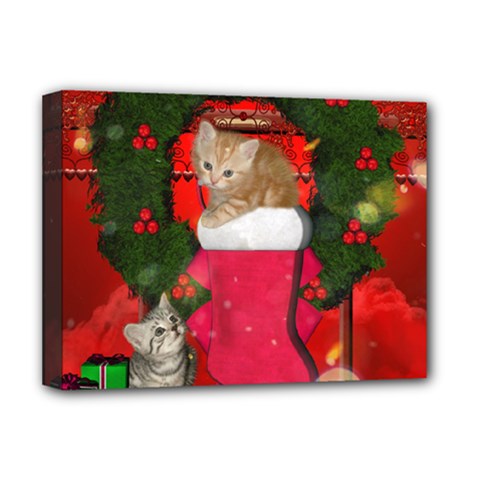 Christmas, Funny Kitten With Gifts Deluxe Canvas 16  X 12   by FantasyWorld7