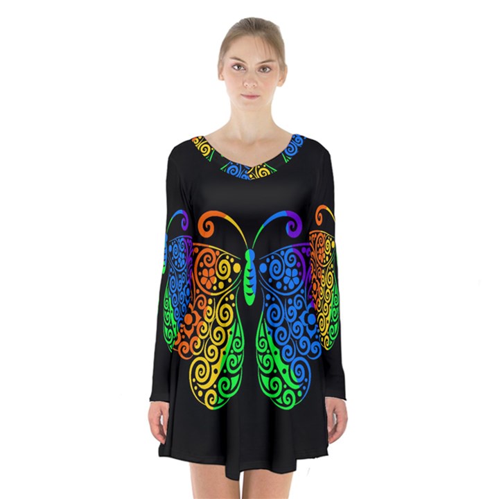 Rainbow butterfly  Long Sleeve Velvet V-neck Dress