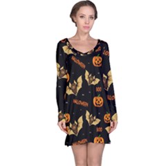 Bat, Pumpkin And Spider Pattern Long Sleeve Nightdress by Valentinaart