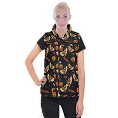 Bat, Pumpkin And Spider Pattern Women s Button Up Puffer Vest by Valentinaart