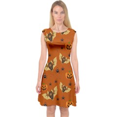 Bat, pumpkin and spider pattern Capsleeve Midi Dress