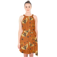 Bat, pumpkin and spider pattern Halter Collar Waist Tie Chiffon Dress