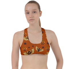 Bat, pumpkin and spider pattern Criss Cross Racerback Sports Bra