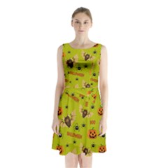 Bat, pumpkin and spider pattern Sleeveless Waist Tie Chiffon Dress