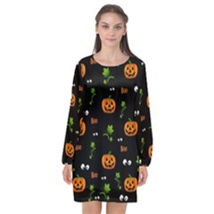 Pumpkins - Halloween Pattern Long Sleeve Chiffon Shift Dress  by Valentinaart