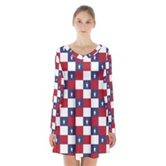 American Flag Star White Red Blue Long Sleeve Velvet V-neck Dress