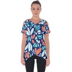 Blue Tossed Flower Floral Cut Out Side Drop Tee