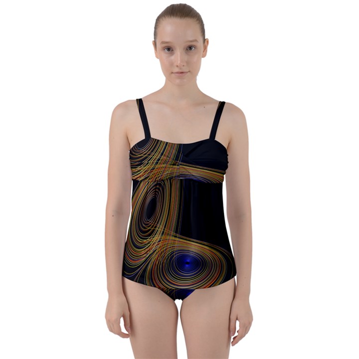 Wondrous Trajectorie Illustrated Line Light Black Twist Front Tankini Set