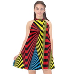 Door Pattern Line Abstract Illustration Waves Wave Chevron Red Blue Yellow Black Halter Neckline Chiffon Dress 