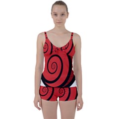 Double Spiral Thick Lines Black Red Tie Front Two Piece Tankini