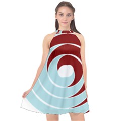 Double Spiral Thick Lines Blue Red Halter Neckline Chiffon Dress 