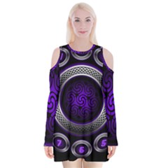 Digital Celtic Clock Template Time Number Purple Velvet Long Sleeve Shoulder Cutout Dress