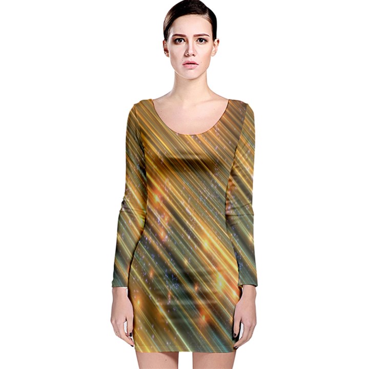 Golden Blue Lines Sparkling Wild Animation Background Space Long Sleeve Bodycon Dress