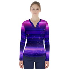 Massive Flare Lines Horizon Glow Particles Animation Background Space V-neck Long Sleeve Top