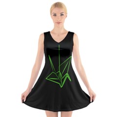 Origami Light Bird Neon Green Black V-neck Sleeveless Skater Dress by Mariart