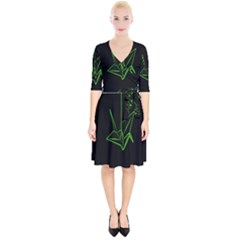 Origami Light Bird Neon Green Black Wrap Up Cocktail Dress