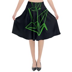 Origami Light Bird Neon Green Black Flared Midi Skirt