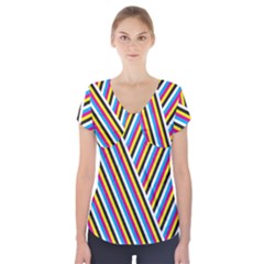 Lines Chevron Yellow Pink Blue Black White Cute Short Sleeve Front Detail Top by Mariart