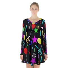 Party Pattern Star Balloon Candle Happy Long Sleeve Velvet V-neck Dress by Mariart