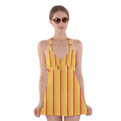 Red Orange Lines Back Yellow Halter Swimsuit Dress by Mariart