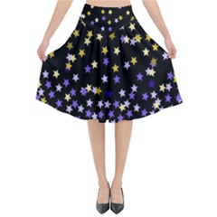 Space Star Light Gold Blue Beauty Black Flared Midi Skirt by Mariart