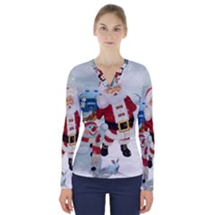 Funny Santa Claus With Snowman V-neck Long Sleeve Top by FantasyWorld7