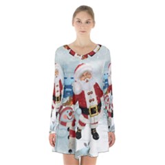 Funny Santa Claus With Snowman Long Sleeve Velvet V-neck Dress by FantasyWorld7