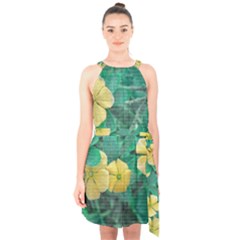 Yellow Flowers At Nature Halter Collar Waist Tie Chiffon Dress by dflcprints