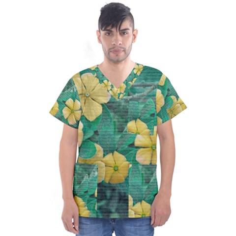 Yellow Flowers At Nature Men s V-neck Scrub Top by dflcprints