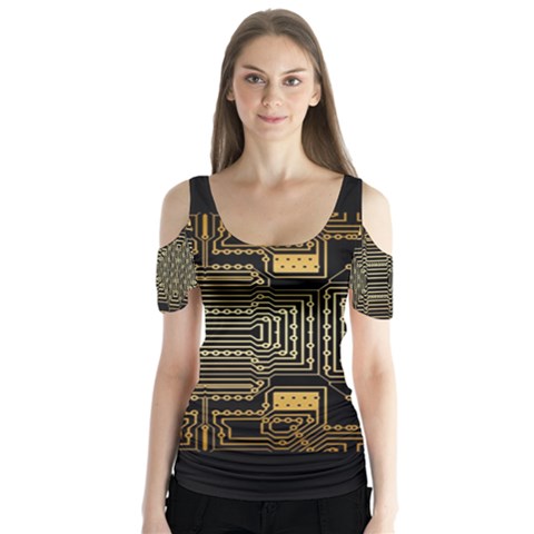 Board Digitization Circuits Butterfly Sleeve Cutout Tee  by Nexatart