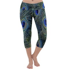 Peacock Feathers Blue Bird Nature Capri Yoga Leggings by Nexatart