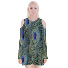 Peacock Feathers Blue Bird Nature Velvet Long Sleeve Shoulder Cutout Dress by Nexatart