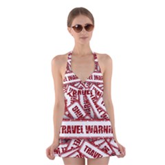 Travel Warning Shield Stamp Halter Swimsuit Dress