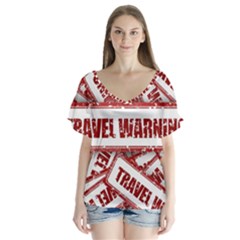 Travel Warning Shield Stamp V-Neck Flutter Sleeve Top