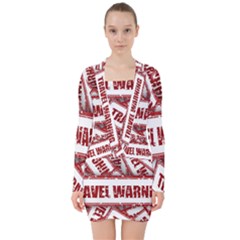 Travel Warning Shield Stamp V-neck Bodycon Long Sleeve Dress