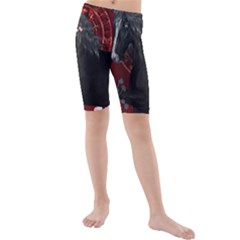 Awesmoe Black Horse With Flowers On Red Background Kids  Mid Length Swim Shorts by FantasyWorld7