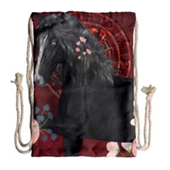 Awesmoe Black Horse With Flowers On Red Background Drawstring Bag (large) by FantasyWorld7