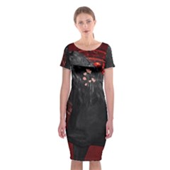 Awesmoe Black Horse With Flowers On Red Background Classic Short Sleeve Midi Dress by FantasyWorld7