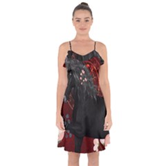 Awesmoe Black Horse With Flowers On Red Background Ruffle Detail Chiffon Dress by FantasyWorld7