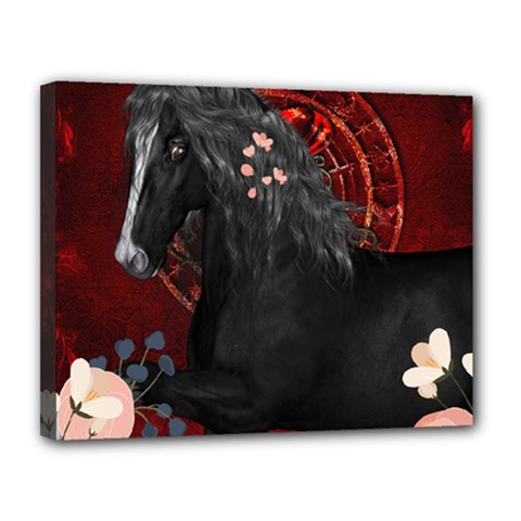 Awesmoe Black Horse With Flowers On Red Background Canvas 14  X 11  by FantasyWorld7