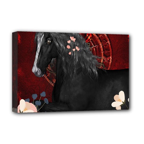 Awesmoe Black Horse With Flowers On Red Background Deluxe Canvas 18  X 12   by FantasyWorld7