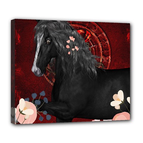 Awesmoe Black Horse With Flowers On Red Background Deluxe Canvas 24  X 20   by FantasyWorld7