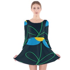 Whimsical Blue Flower Green Sexy Long Sleeve Velvet Skater Dress