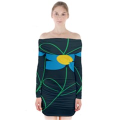 Whimsical Blue Flower Green Sexy Long Sleeve Off Shoulder Dress by Mariart
