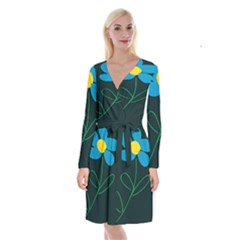 Whimsical Blue Flower Green Sexy Long Sleeve Velvet Front Wrap Dress by Mariart