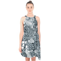 Abstract Floral Pattern Grey Halter Collar Waist Tie Chiffon Dress by Mariart