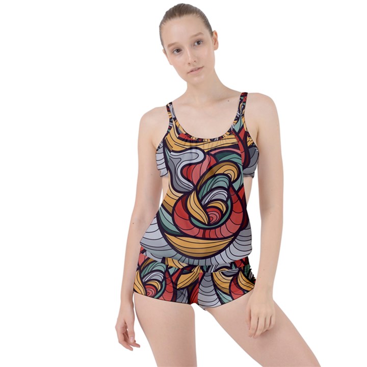 Beautiful Pattern Background Wave Chevron Waves Line Rainbow Art Boyleg Tankini Set 